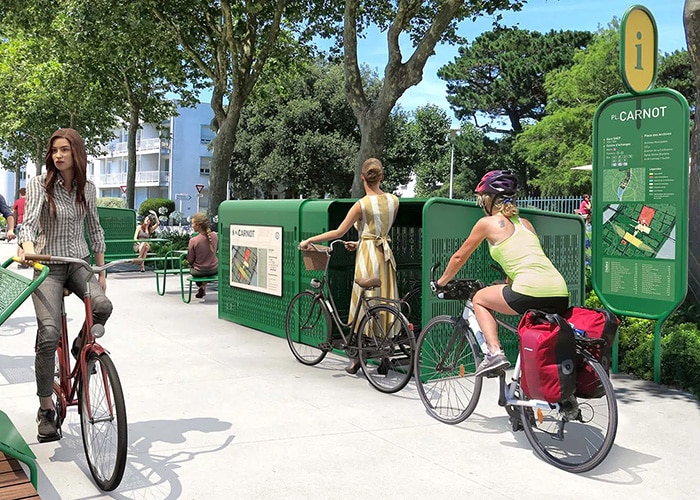 Mobilier urbain design : banc et cache-poubelle