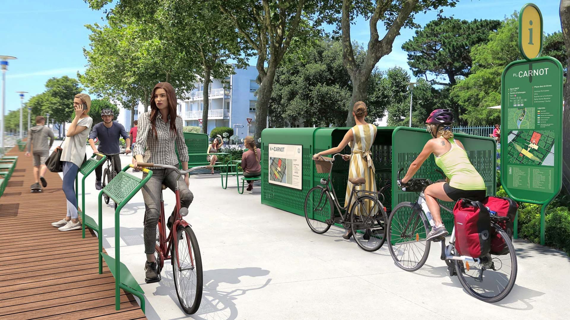 Vue d'un ensemble de mobilier urbain extérieur en situation avec des abris vélos, totems, repose pied et bancs publics - PLIX Design